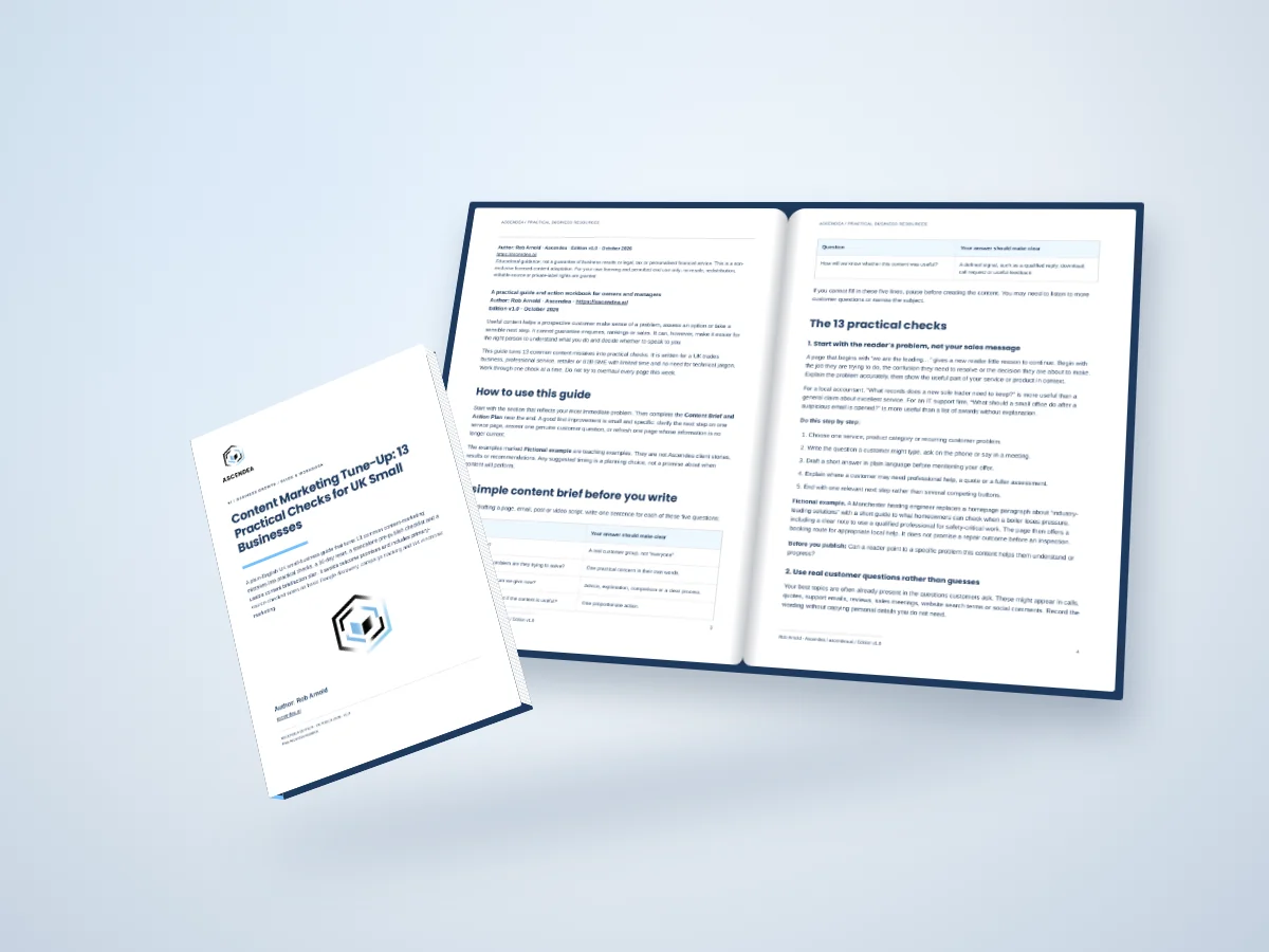 Open-book digital mockup showing pages 3 and 4 of Content Marketing Tune-Up: 13 Practical Checks for UK Small Businesses