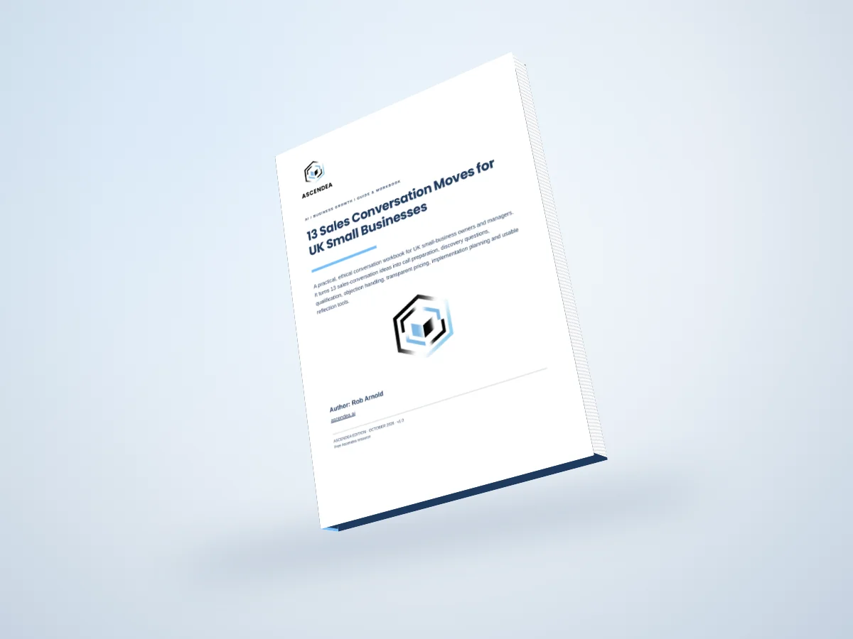 Digital 3D book mockup of 13 Sales Conversation Moves for UK Small Businesses