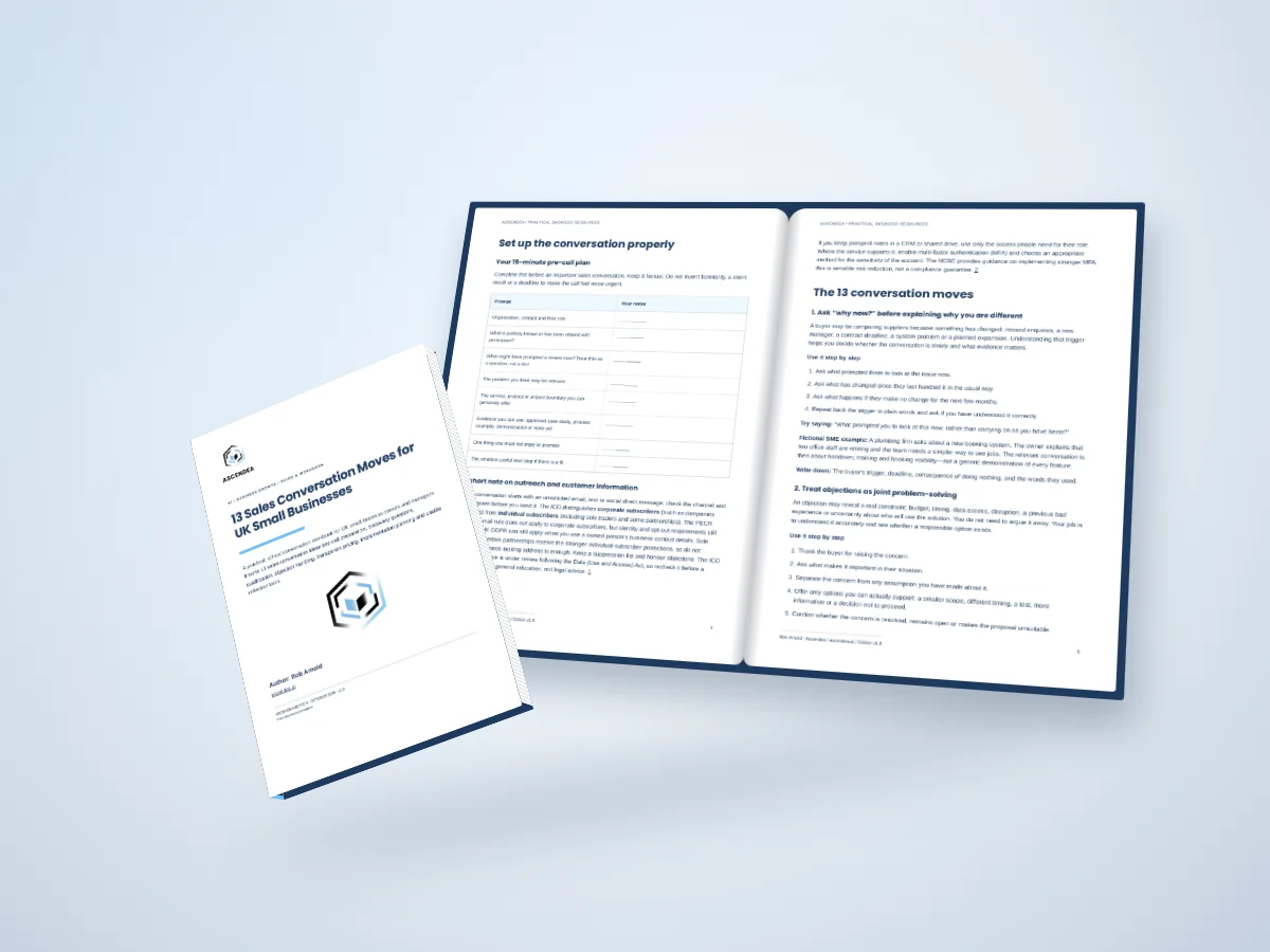 Open-book digital mockup showing pages 4 and 5 of 13 Sales Conversation Moves for UK Small Businesses