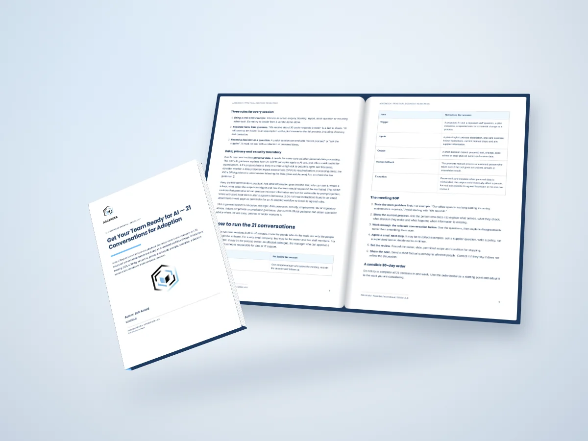 Open-book digital mockup showing pages 4 and 5 of Get Your Team Ready for AI — 21 Conversations for Adoption