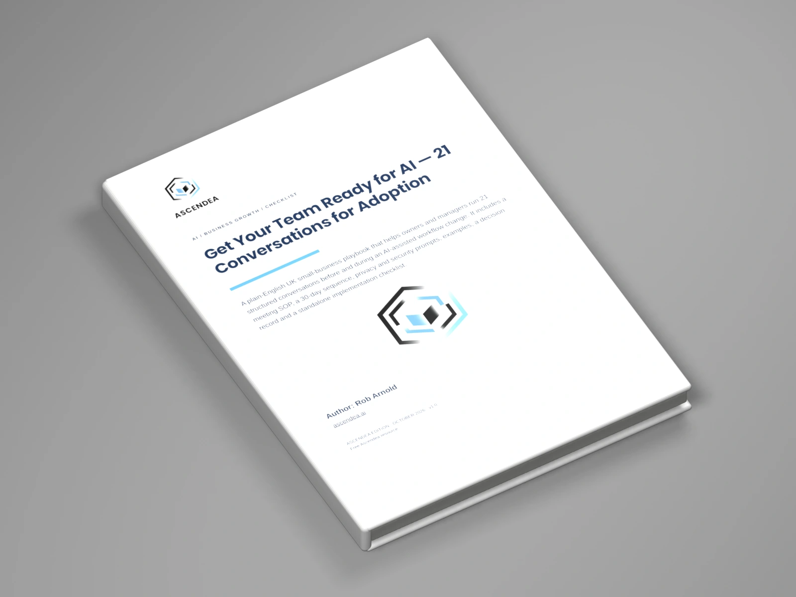 3D digital book mockup of Get Your Team Ready for AI — 21 Conversations for Adoption