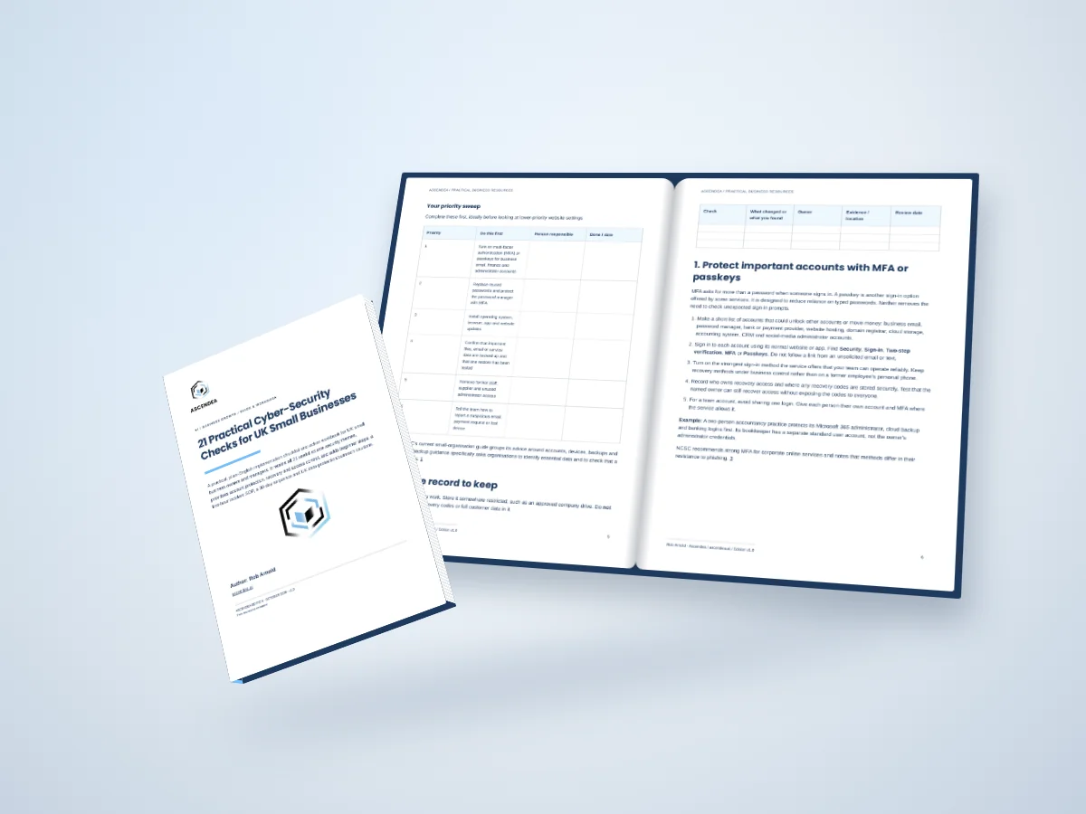 Open-book digital mockup showing pages 5 and 6 of 21 Practical Cyber-Security Checks for UK Small Businesses