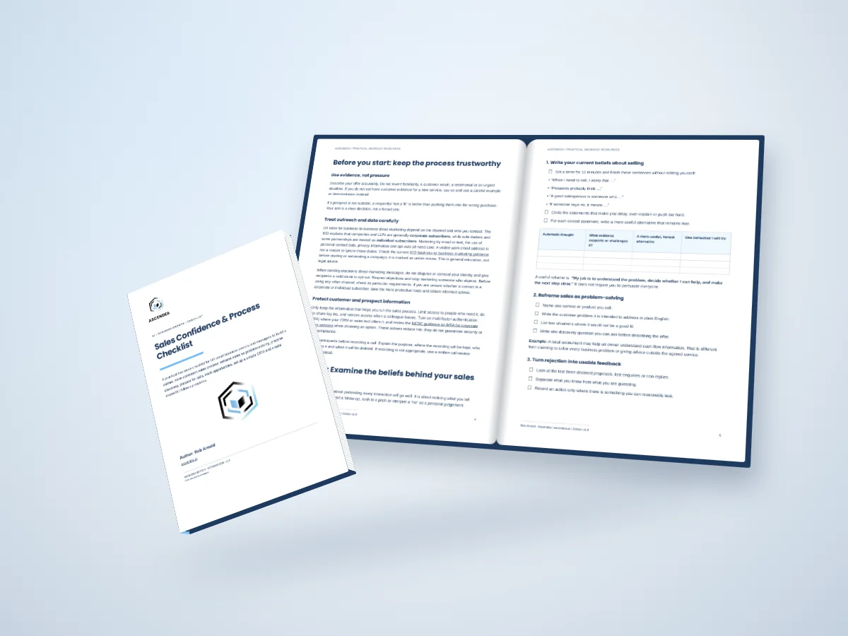 Open-book digital mockup showing pages 4 and 5 of Sales Confidence & Process Checklist