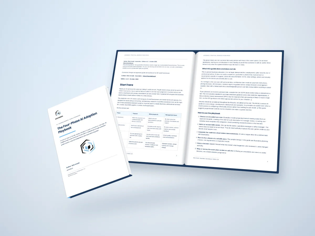 Open-book digital mockup showing pages 3 and 4 of The Four-Phase AI Adoption Playbook