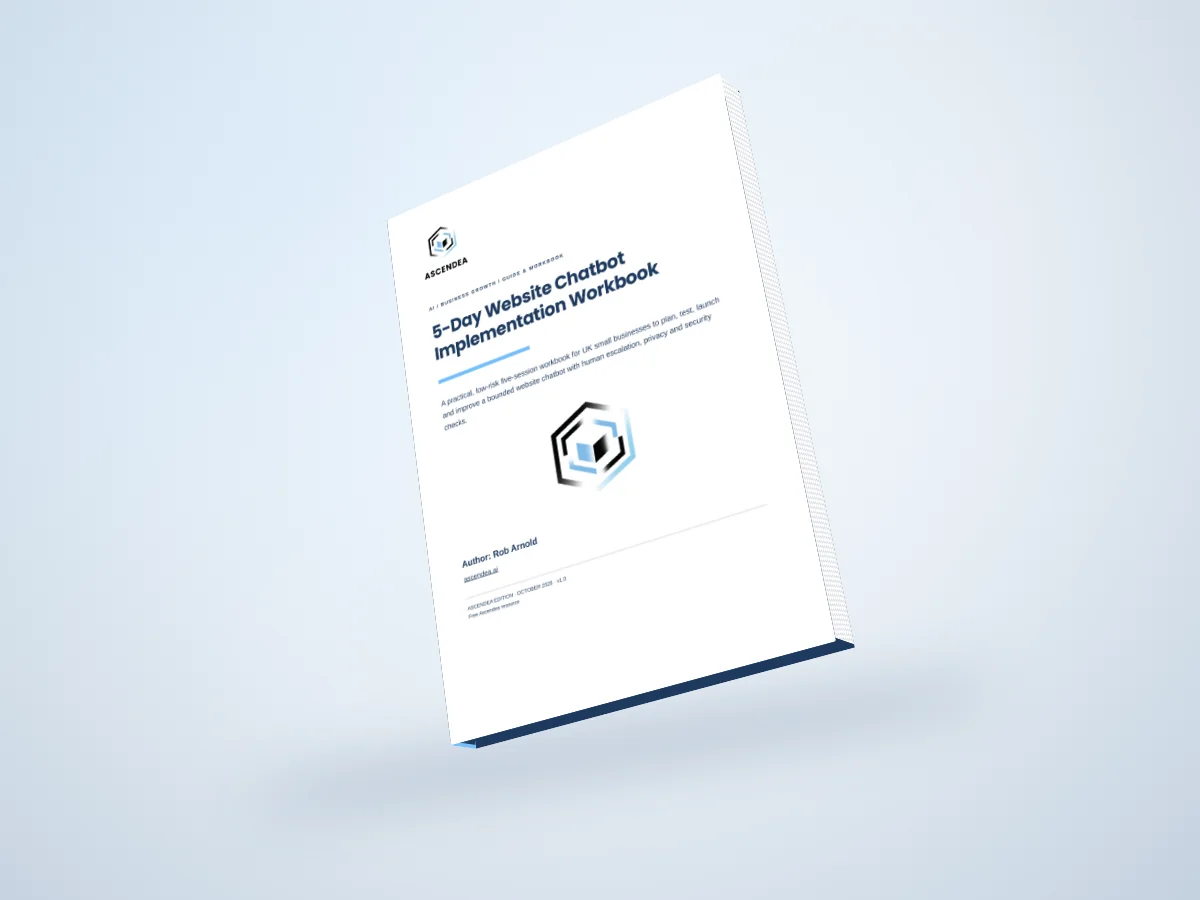 Digital 3D book mockup of 5-Day Website Chatbot Implementation Workbook