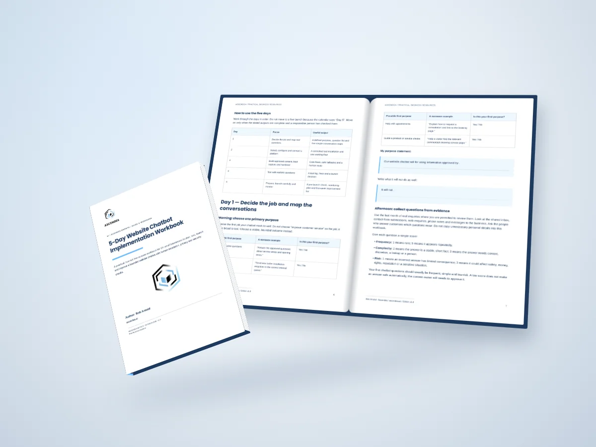 Open-book digital mockup showing pages 6 and 7 of 5-Day Website Chatbot Implementation Workbook