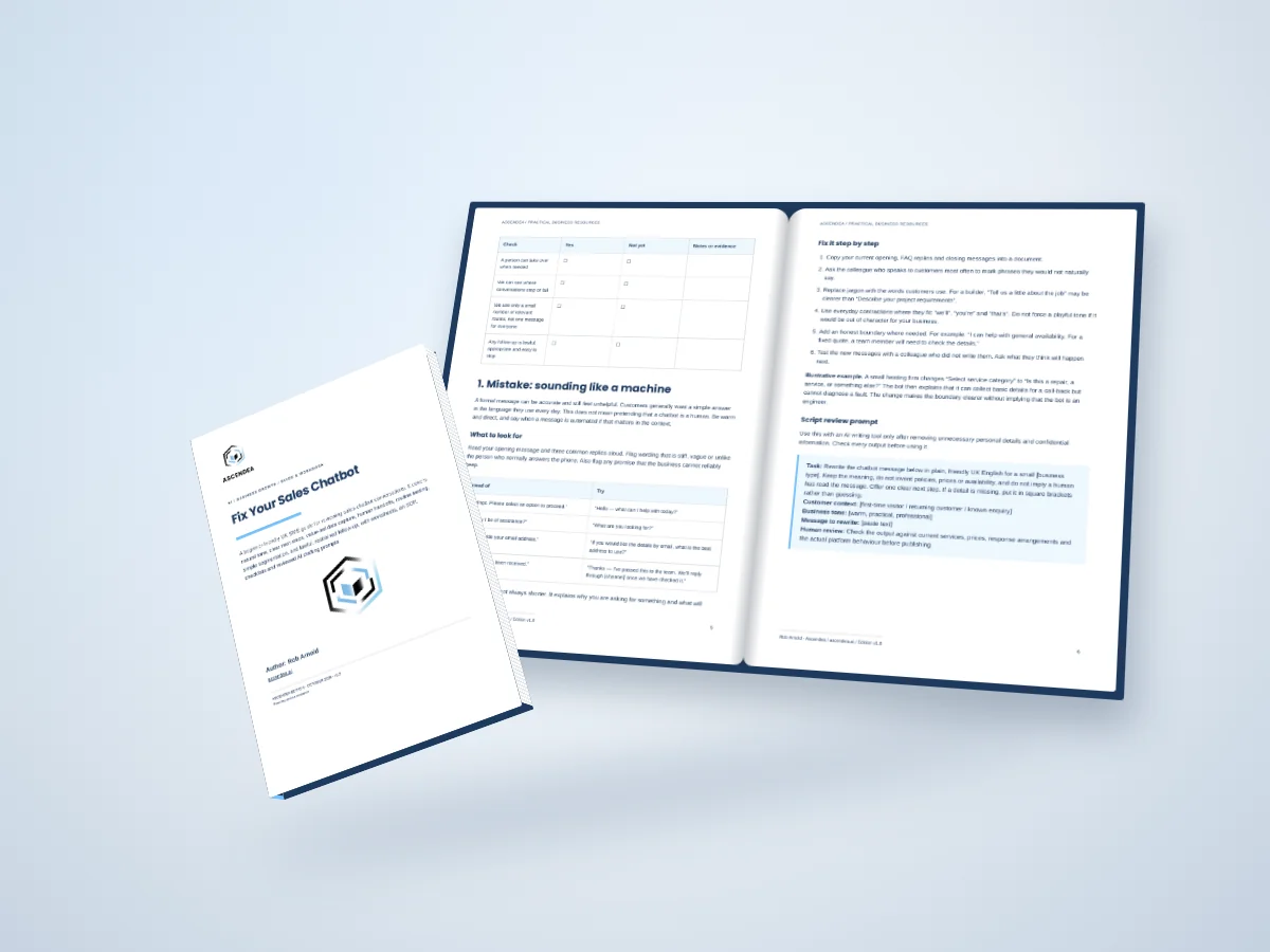 Open-book digital mockup showing pages 5 and 6 of Fix Your Sales Chatbot