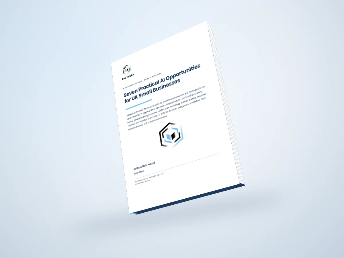 Digital 3D book mockup of Seven Practical AI Opportunities for UK Small Businesses