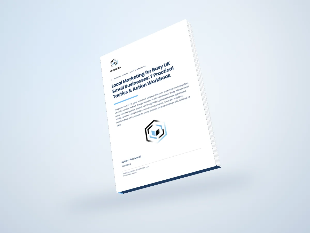 Digital 3D book mockup of Local Marketing for Busy UK Small Businesses: 7 Practical Tactics & Action Workbook