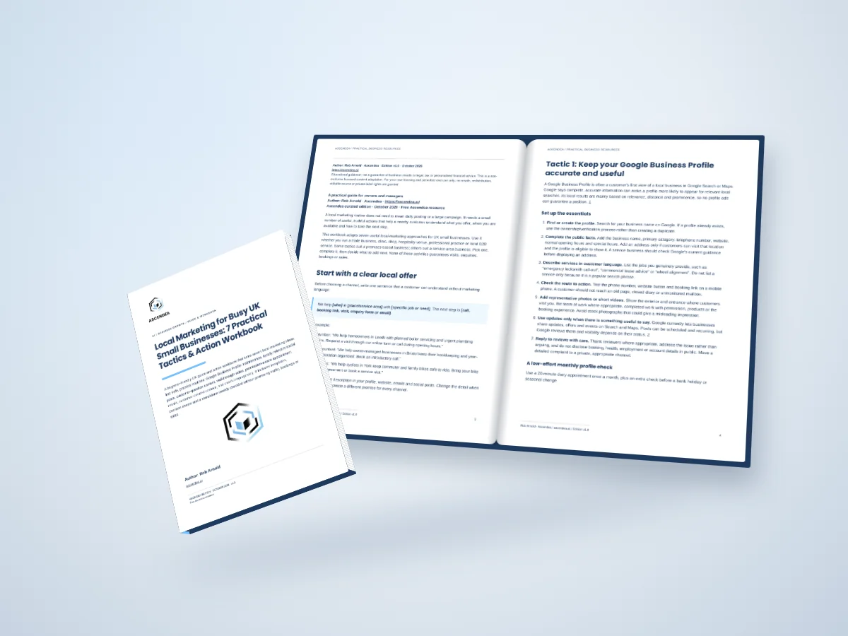 Open-book digital mockup showing pages 3 and 4 of Local Marketing for Busy UK Small Businesses: 7 Practical Tactics & Action Workbook