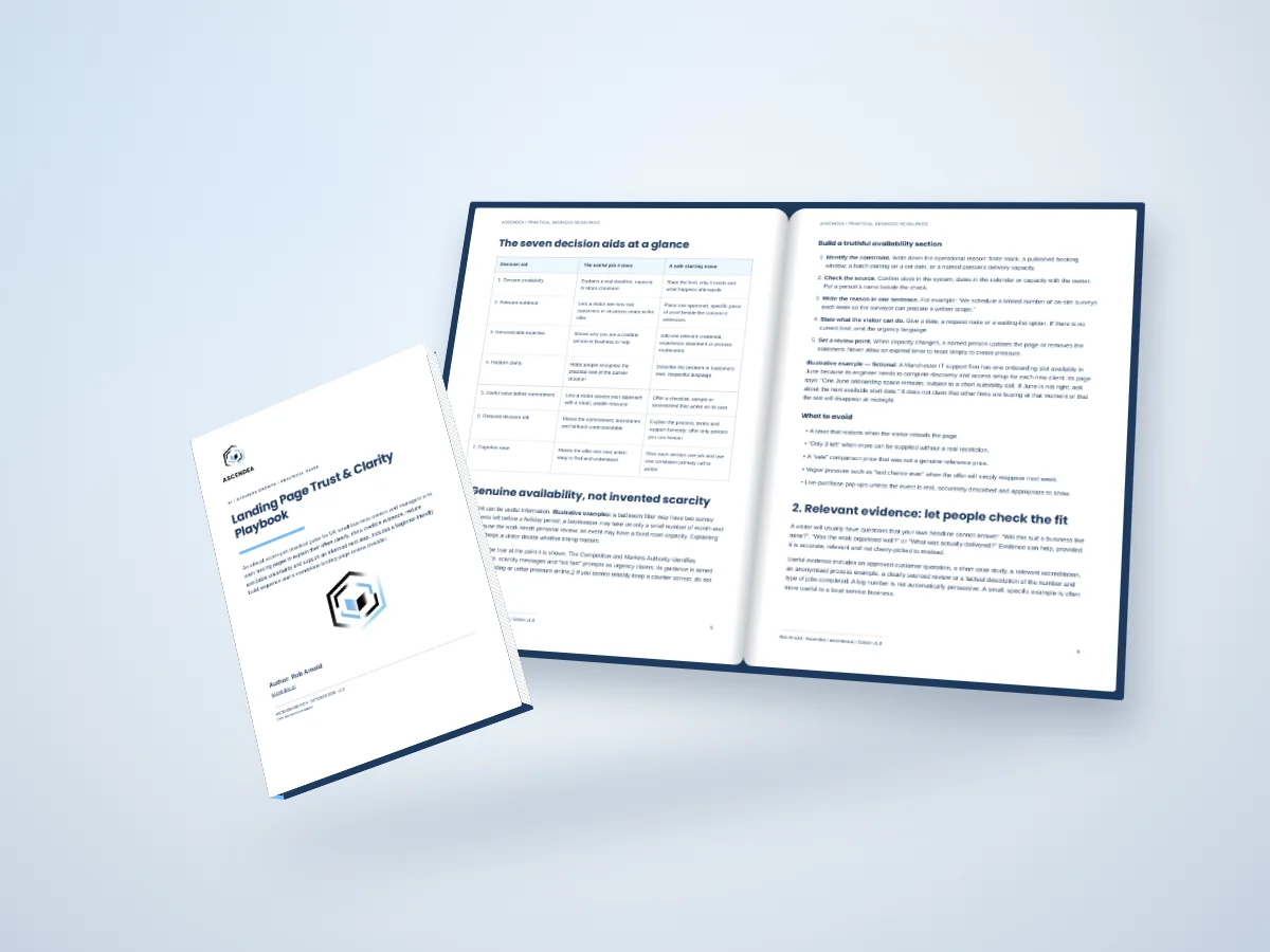 Open-book digital mockup showing pages 5 and 6 of Landing Page Trust & Clarity Playbook
