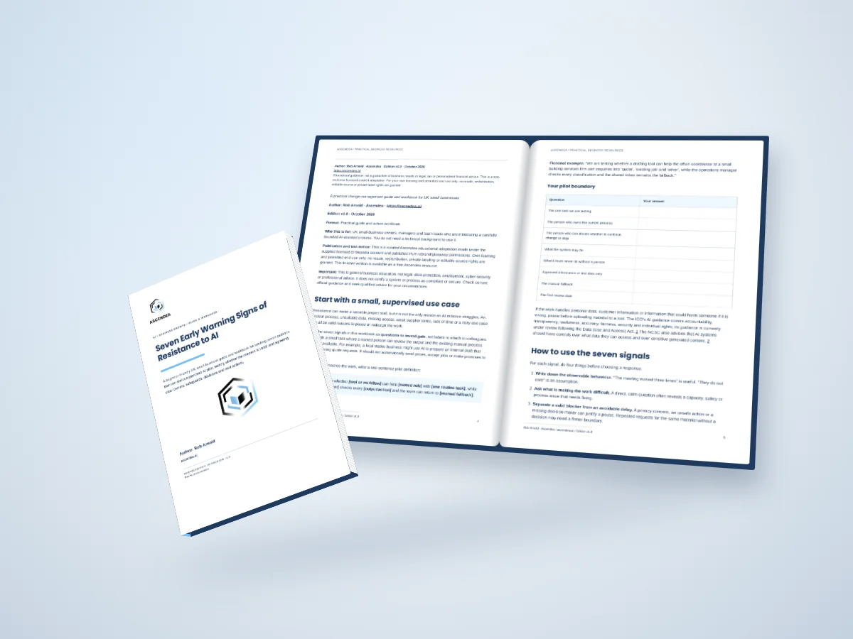 Open-book digital mockup showing pages 4 and 5 of Seven Early Warning Signs of Resistance to AI