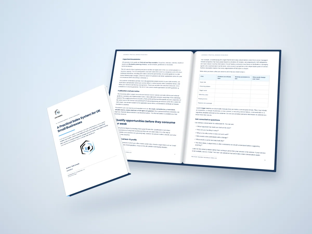 Open-book digital mockup showing pages 4 and 5 of A Practical Sales System for UK Small Businesses