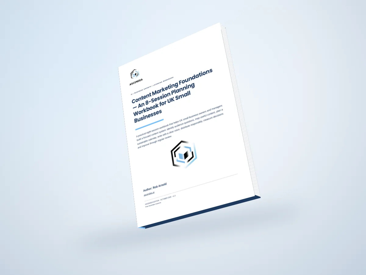 Digital 3D book mockup of Content Marketing Foundations — An 8-Session Planning Workbook for UK Small Businesses