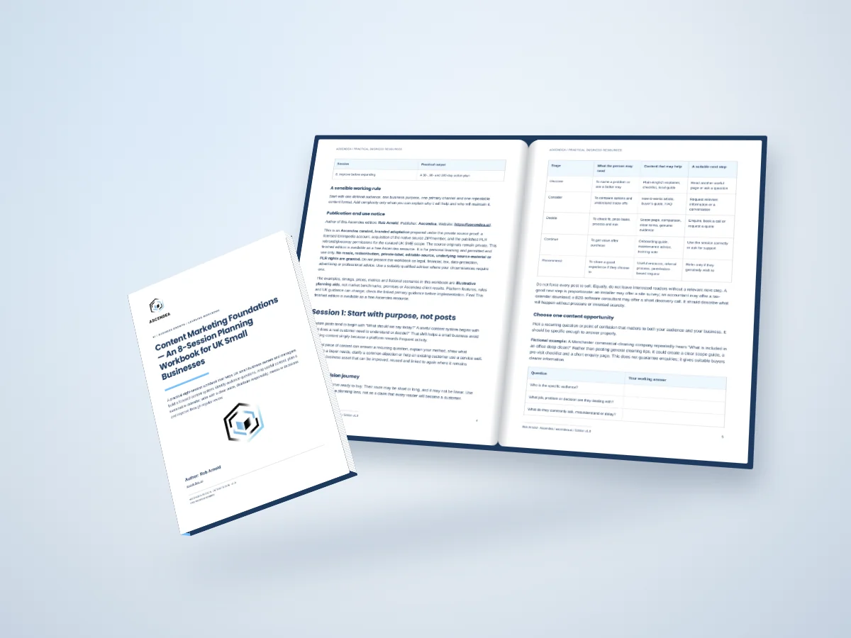 Open-book digital mockup showing pages 4 and 5 of Content Marketing Foundations — An 8-Session Planning Workbook for UK Small Businesses