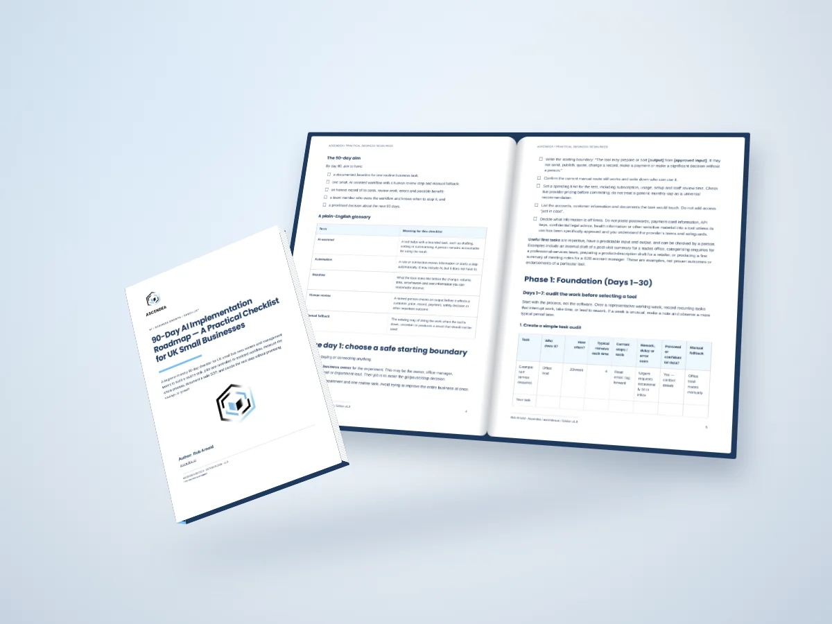 Open-book digital mockup showing pages 4 and 5 of 90-Day AI Implementation Roadmap — A Practical Checklist for UK Small Businesses