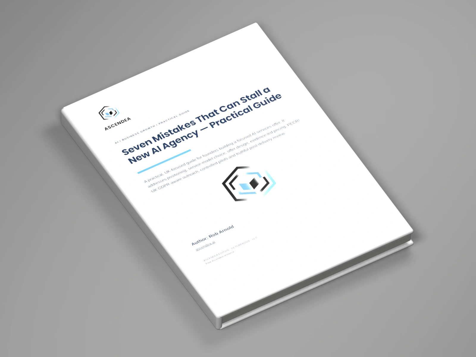 3D digital book mockup of Seven Mistakes That Can Stall a New AI Agency — Practical Guide