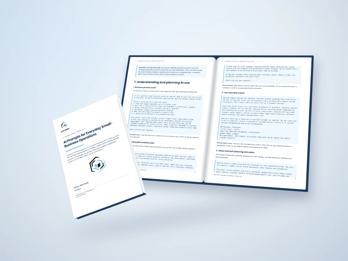 Open-book digital mockup showing pages 5 and 6 of AI Prompts for Everyday Small-Business Operations