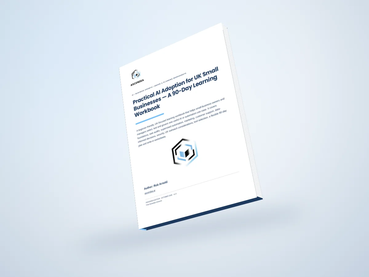 Digital 3D book mockup of Practical AI Adoption for UK Small Businesses — A 90-Day Learning Workbook