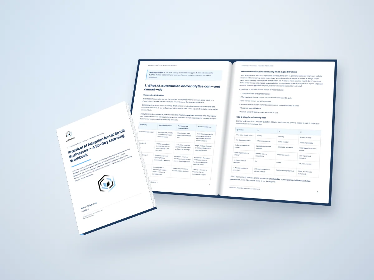 Open-book digital mockup showing pages 5 and 6 of Practical AI Adoption for UK Small Businesses — A 90-Day Learning Workbook