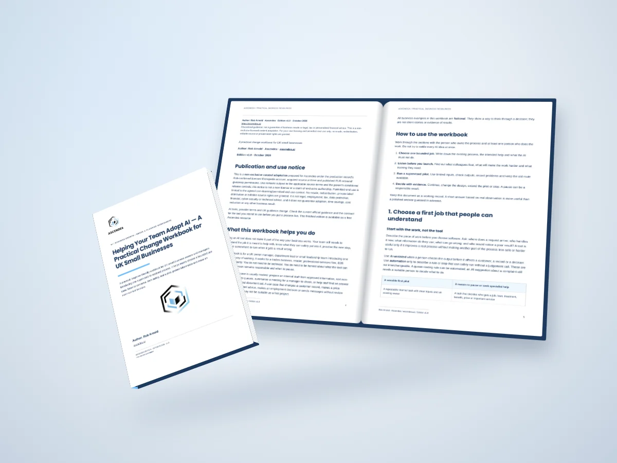 Open-book digital mockup showing pages 4 and 5 of Helping Your Team Adopt AI — A Practical Change Workbook for UK Small Businesses