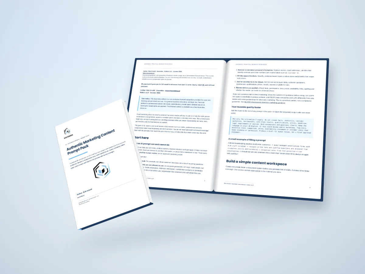 Open-book digital mockup showing pages 3 and 4 of Authentic Marketing Content Prompt Pack