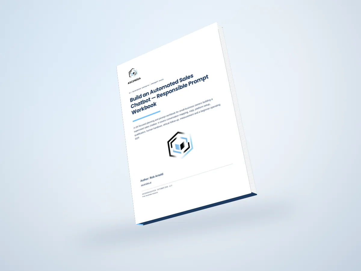 Digital 3D book mockup of Build an Automated Sales Chatbot — Responsible Prompt Workbook