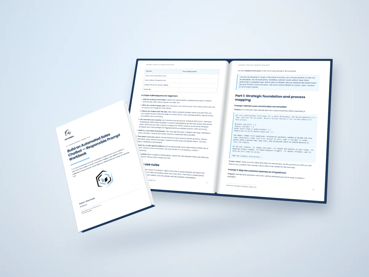 Open-book digital mockup showing pages 5 and 6 of Build an Automated Sales Chatbot — Responsible Prompt Workbook