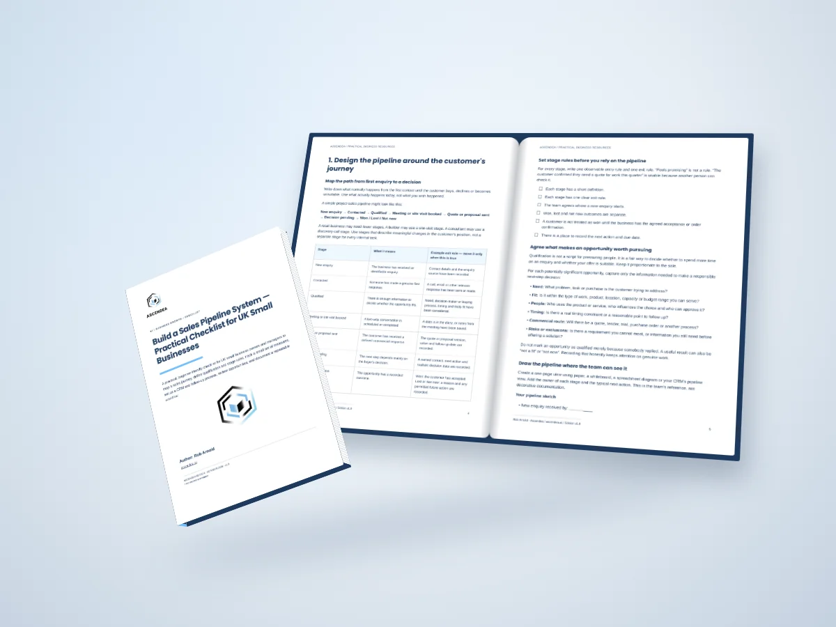 Open-book digital mockup showing pages 4 and 5 of Build a Sales Pipeline System — Practical Checklist for UK Small Businesses