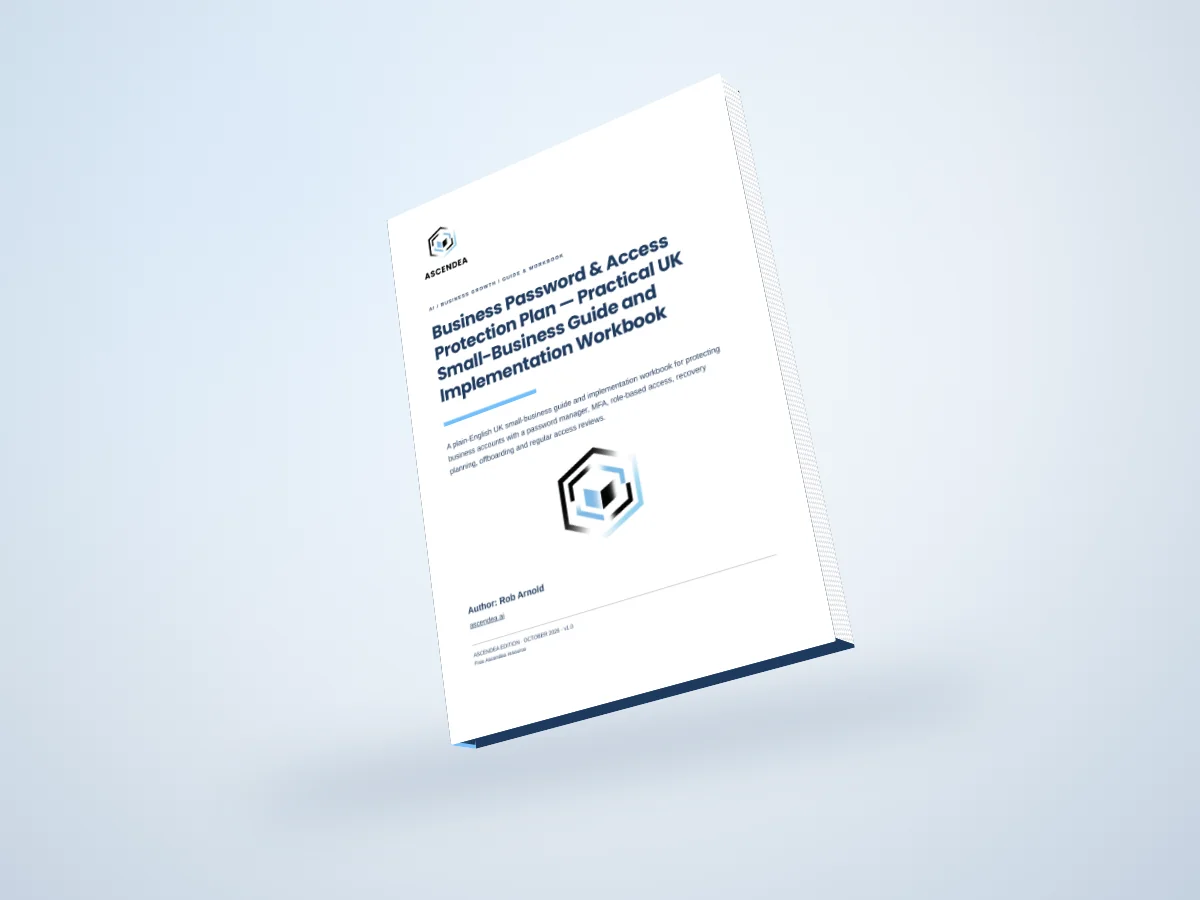 Digital 3D book mockup of Business Password & Access Protection Plan — Practical UK Small-Business Guide and Implementation Workbook