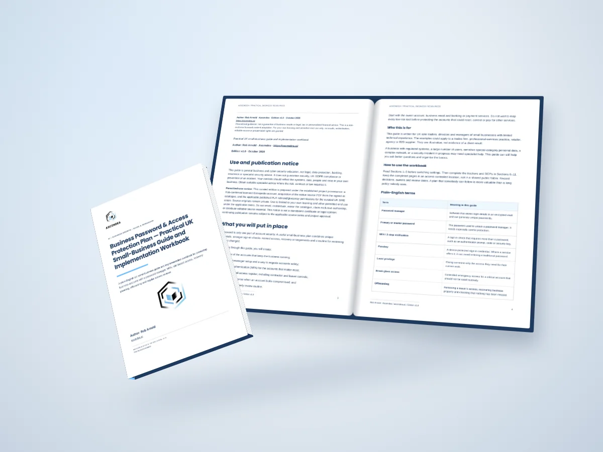 Open-book digital mockup showing pages 3 and 4 of Business Password & Access Protection Plan — Practical UK Small-Business Guide and Implementation Workbook