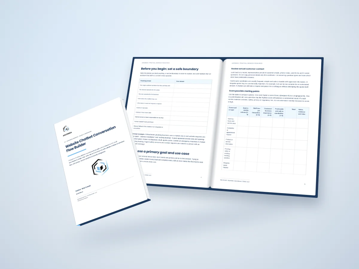 Open-book digital mockup showing pages 4 and 5 of Website Chatbot Conversation Flow Builder