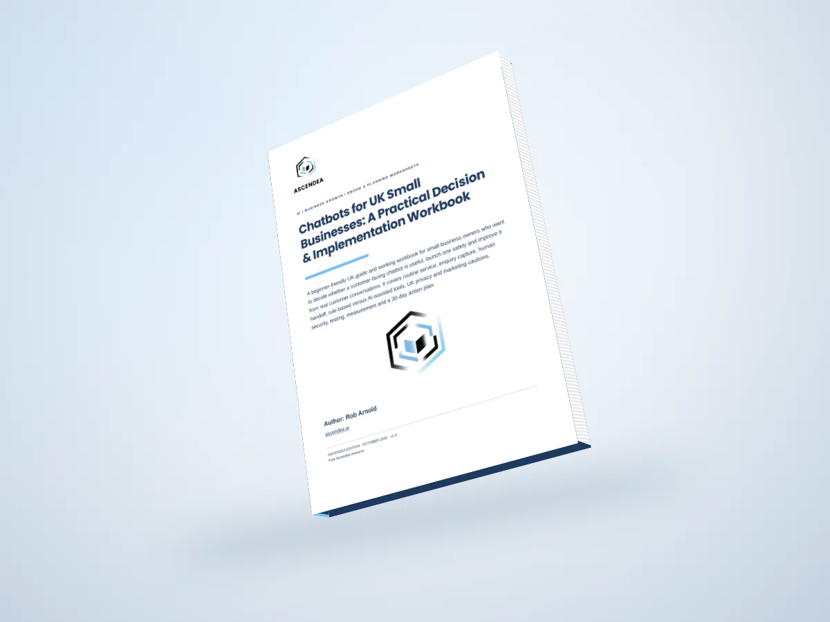 Digital 3D book mockup of Chatbots for UK Small Businesses: A Practical Decision & Implementation Workbook