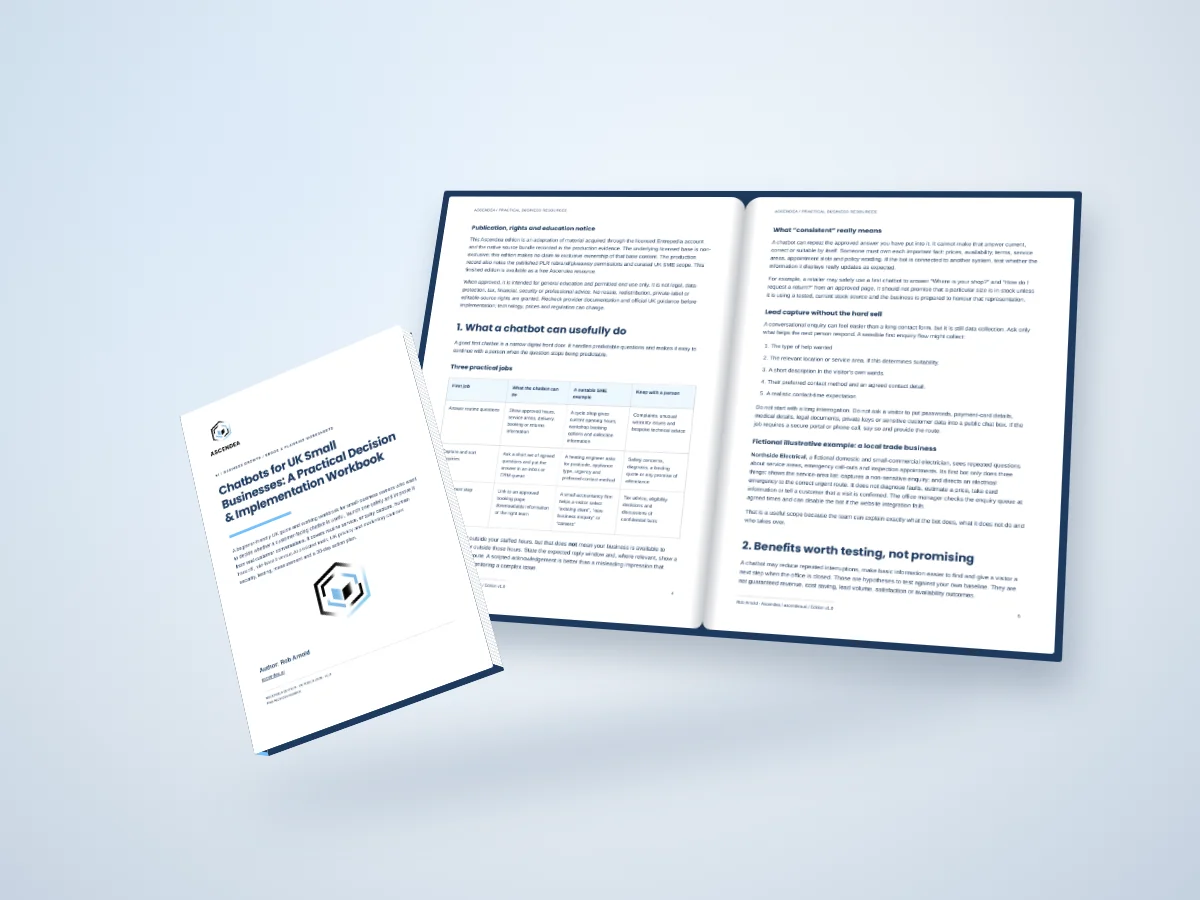 Open-book digital mockup showing pages 4 and 5 of Chatbots for UK Small Businesses: A Practical Decision & Implementation Workbook