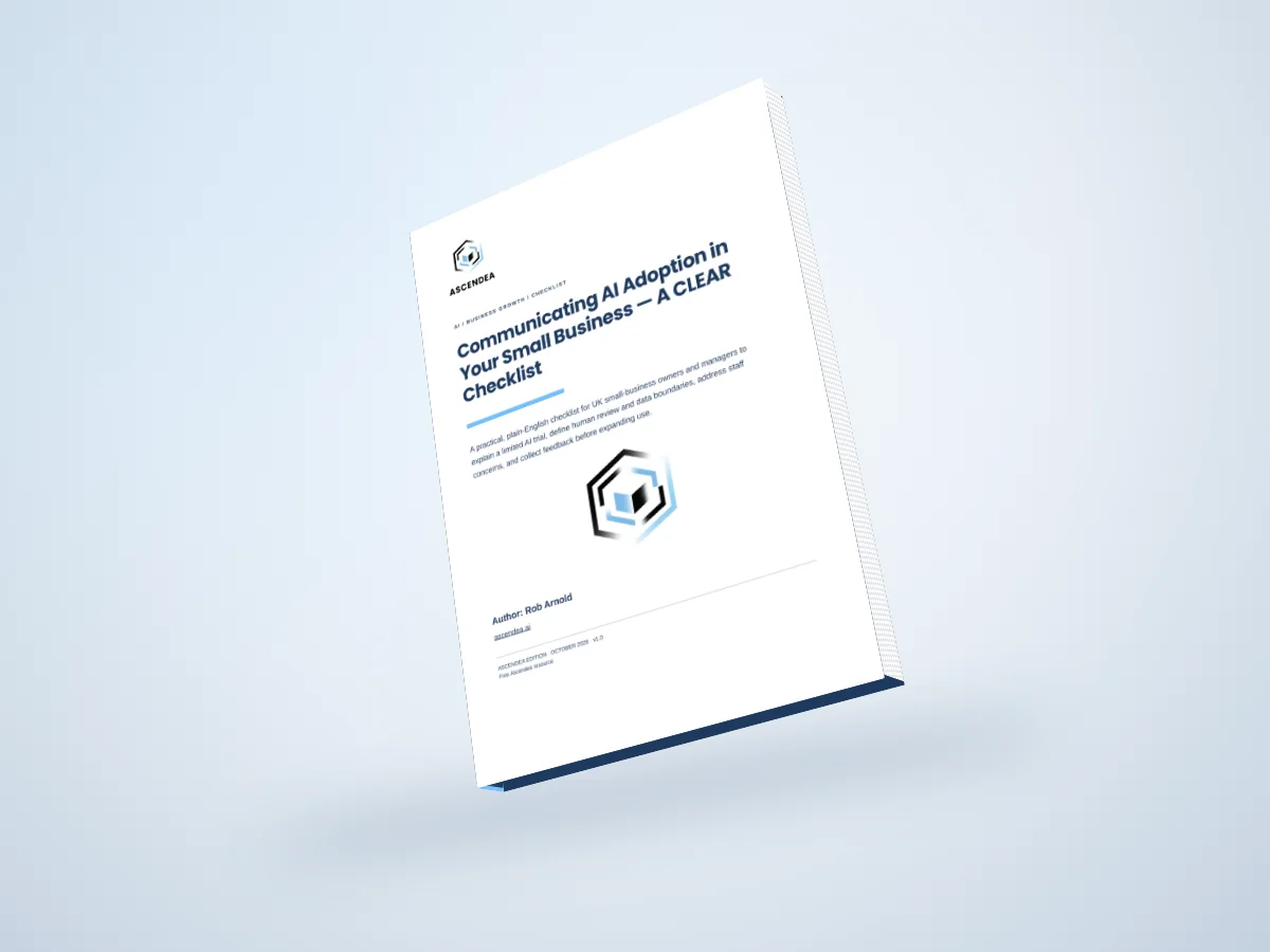 Digital 3D book mockup of Communicating AI Adoption in Your Small Business — A CLEAR Checklist