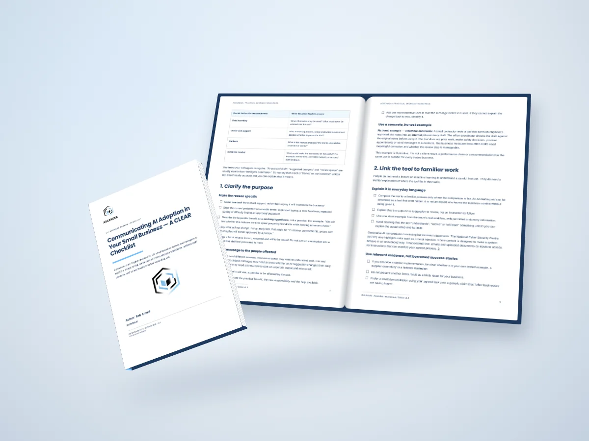 Open-book digital mockup showing pages 4 and 5 of Communicating AI Adoption in Your Small Business — A CLEAR Checklist