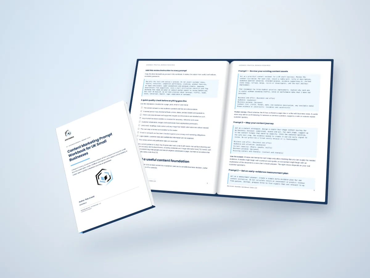 Open-book digital mockup showing pages 5 and 6 of Content Marketing Prompt Workbook for UK Small Businesses