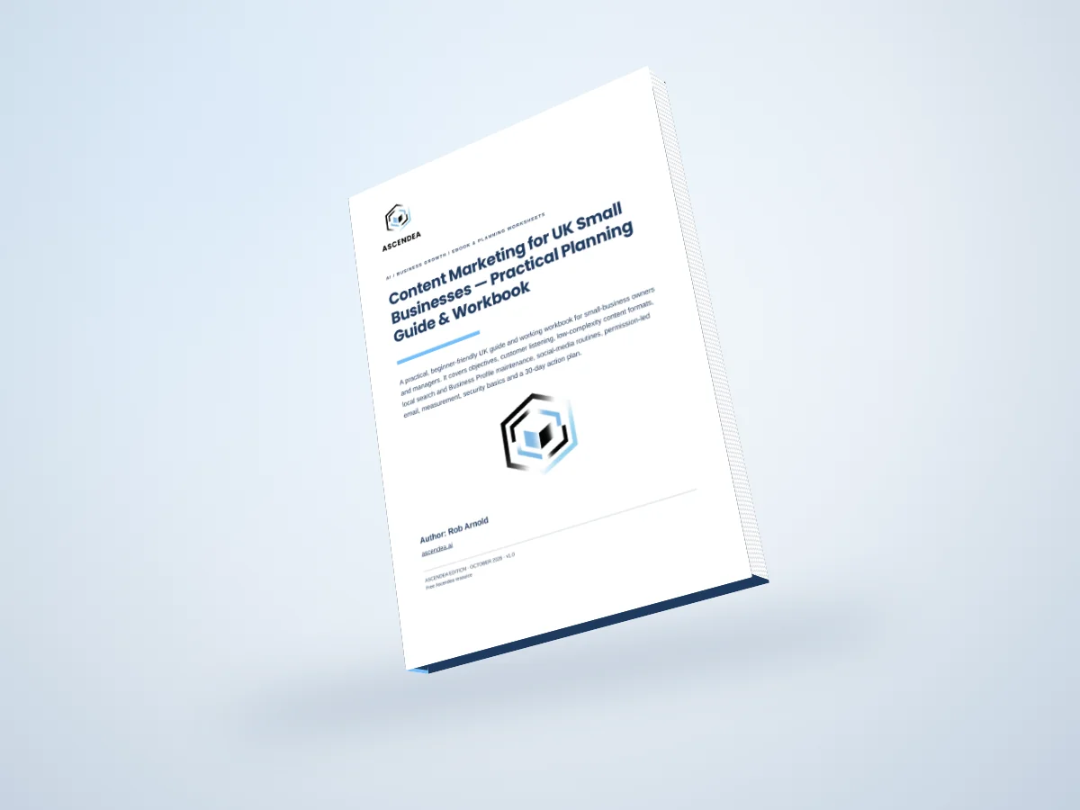Digital 3D book mockup of Content Marketing for UK Small Businesses — Practical Planning Guide & Workbook