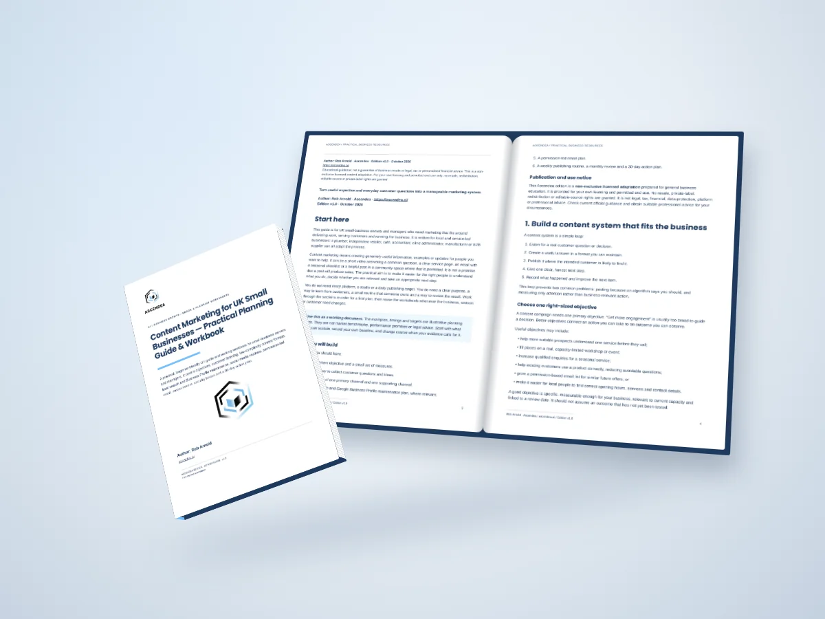 Open-book digital mockup showing pages 3 and 4 of Content Marketing for UK Small Businesses — Practical Planning Guide & Workbook