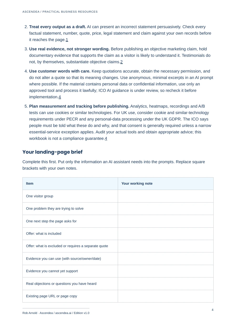 Preview of PDF page 4 from Landing Page Improvement Prompts — Evidence-Led AI Workbook