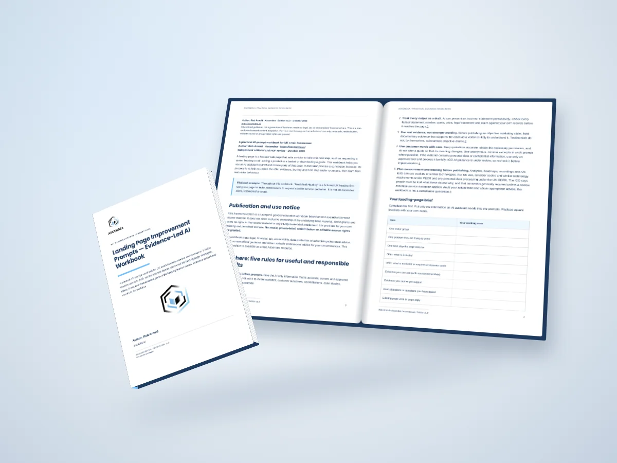 Open-book digital mockup showing pages 3 and 4 of Landing Page Improvement Prompts — Evidence-Led AI Workbook