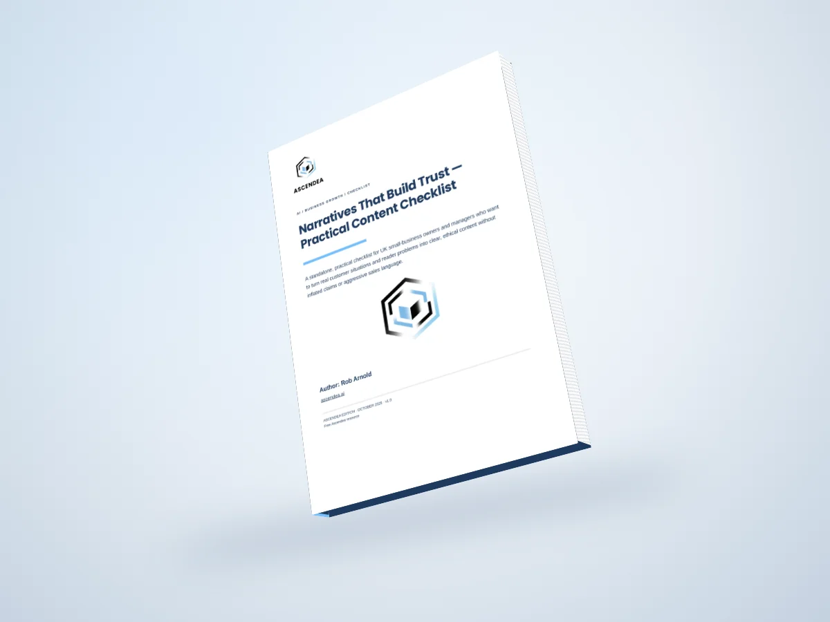 Digital 3D book mockup of Narratives That Build Trust — Practical Content Checklist