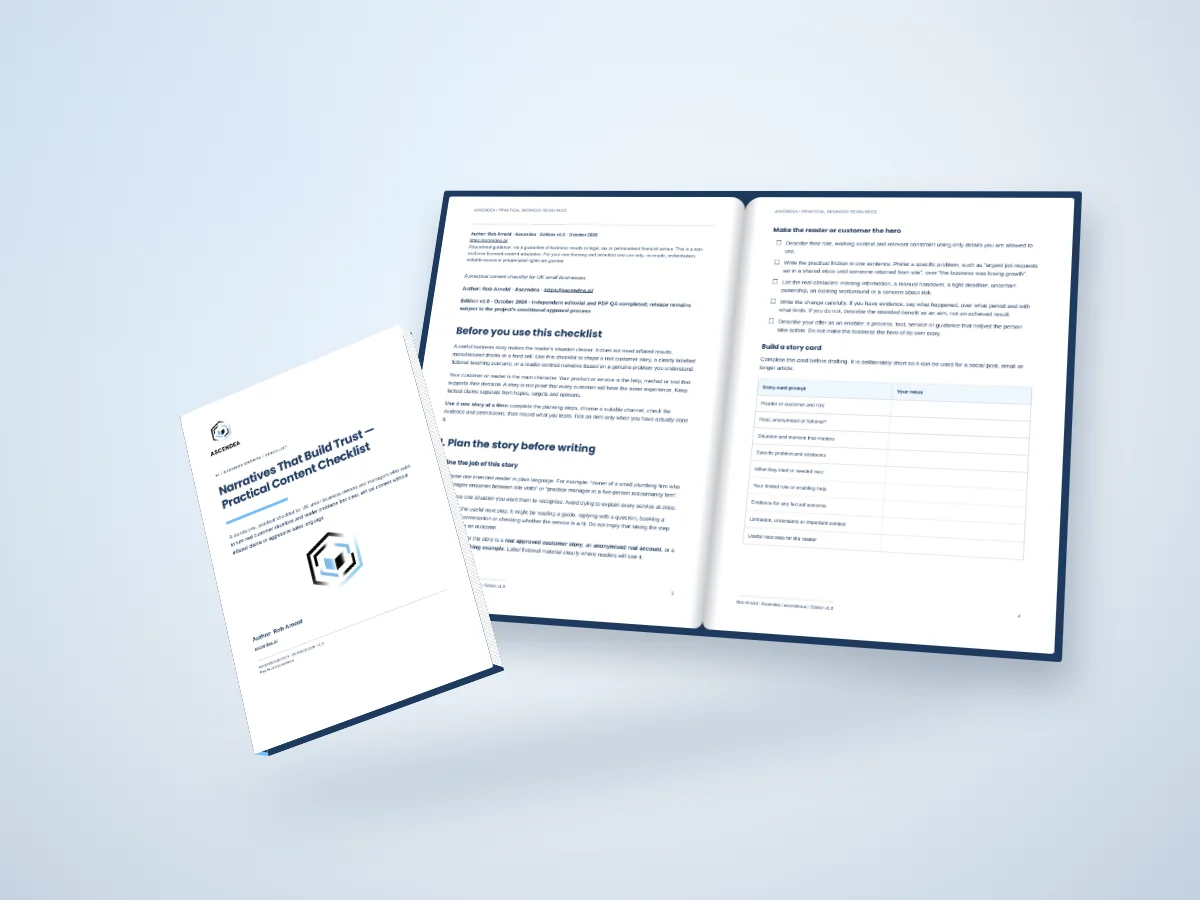 Open-book digital mockup showing pages 3 and 4 of Narratives That Build Trust — Practical Content Checklist