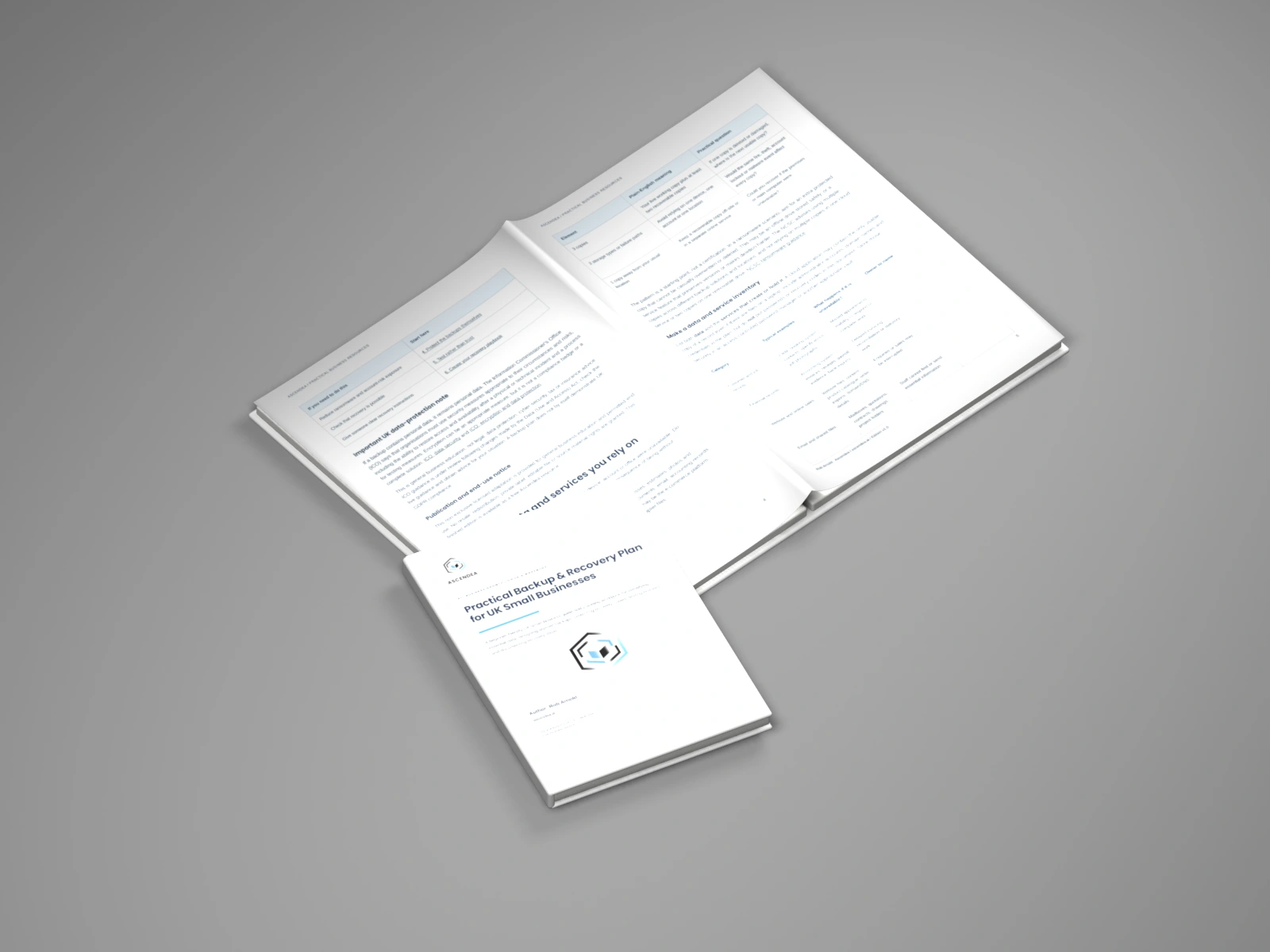 Open-book digital mockup showing pages 4 and 5 of Practical Backup & Recovery Plan for UK Small Businesses