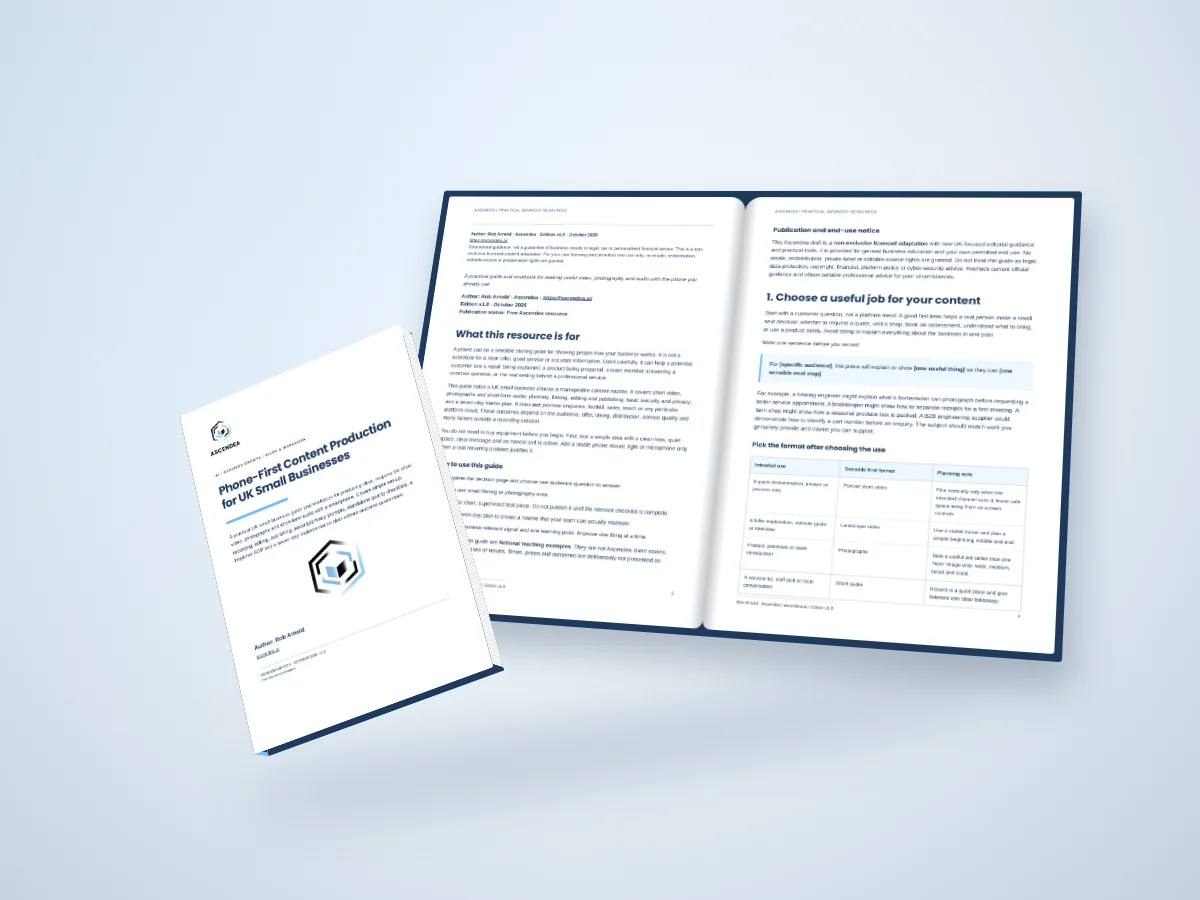 Open-book digital mockup showing pages 3 and 4 of Phone-First Content Production for UK Small Businesses