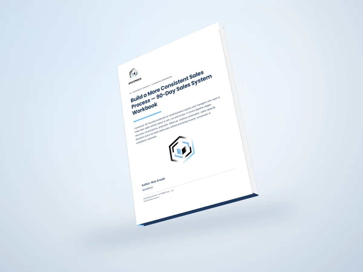 Digital 3D book mockup of Build a More Consistent Sales Process — 90-Day Sales System Workbook