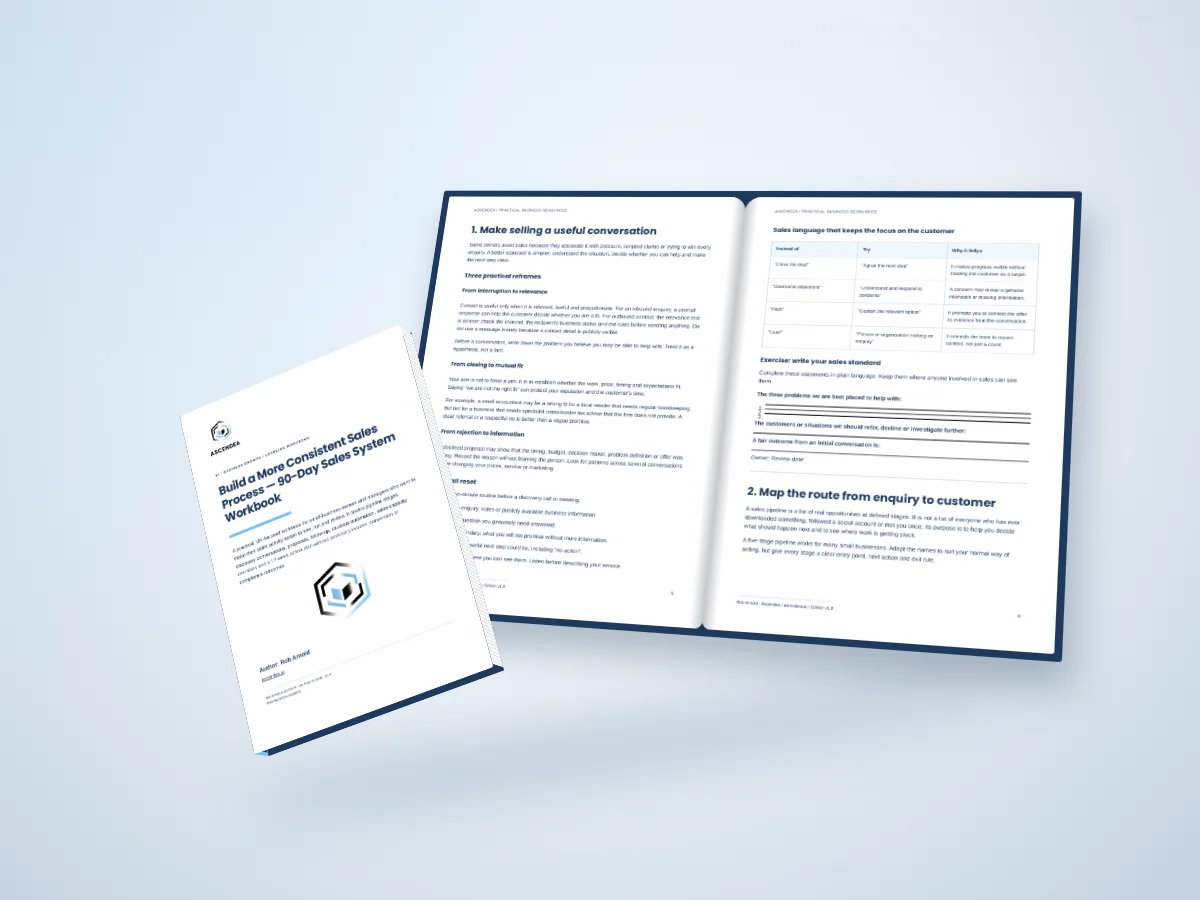 Open-book digital mockup showing pages 5 and 6 of Build a More Consistent Sales Process — 90-Day Sales System Workbook