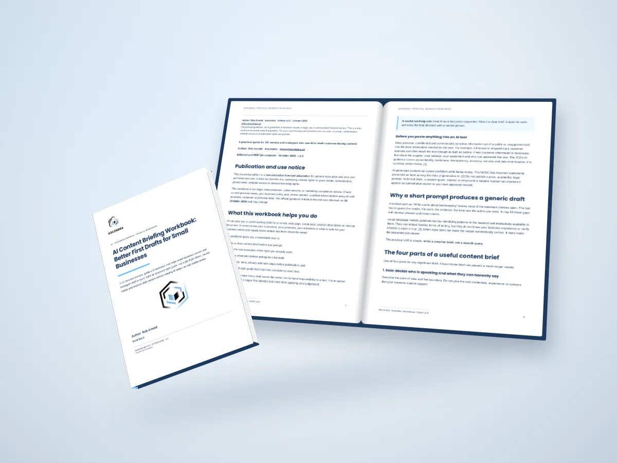 Open-book digital mockup showing pages 4 and 5 of AI Content Briefing Workbook: Better First Drafts for Small Businesses