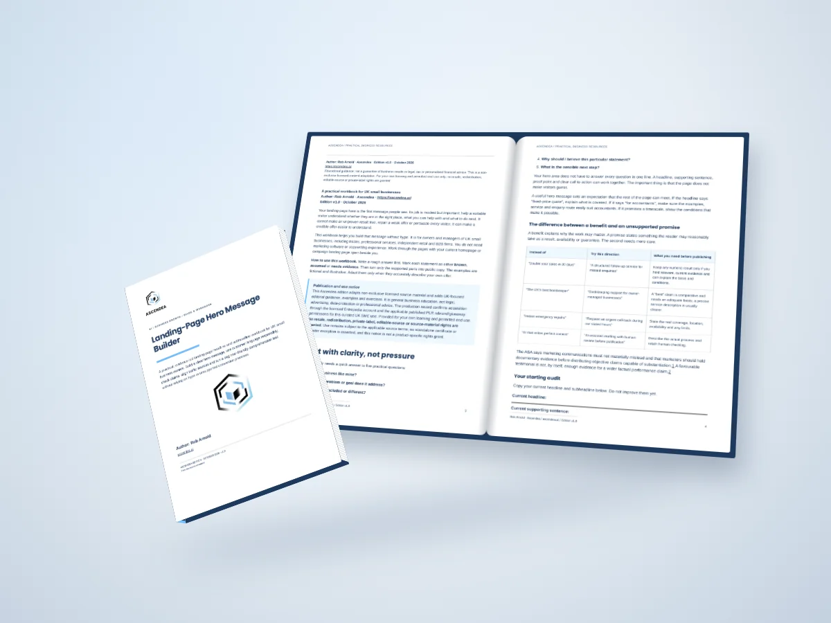 Open-book digital mockup showing pages 3 and 4 of Landing-Page Hero Message Builder