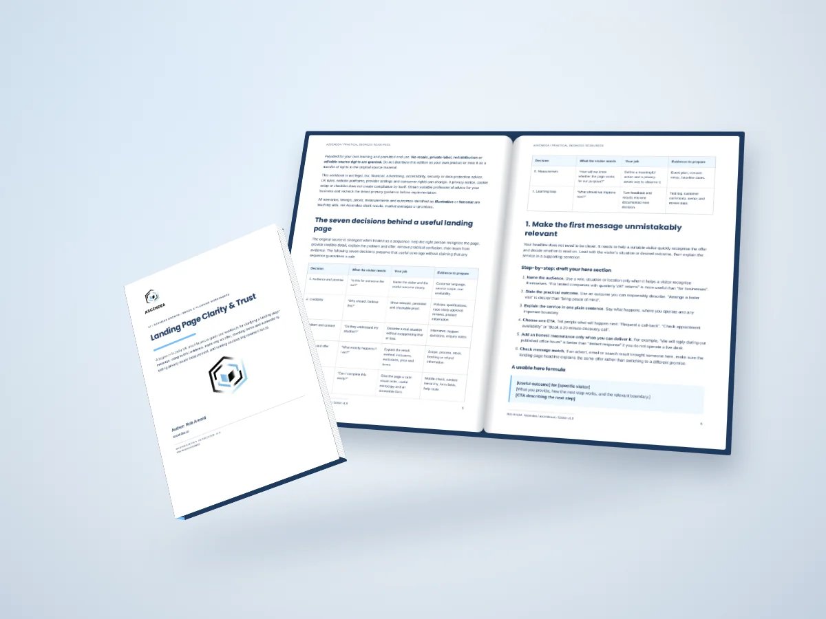 Open-book digital mockup showing pages 5 and 6 of Landing Page Clarity & Trust